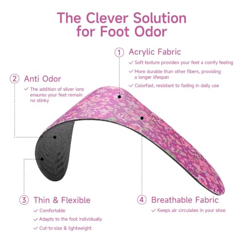 Image of 3 Pair Women No Show Socks Anti-Odor Sockless Shoe Insert Size 9-13 | Thin Shoe Insoles,Breathable,Comfort Barefoot Shoe Liner,Machine Washable,Moisture Control,Cute,Everyday Insole,Floral Print