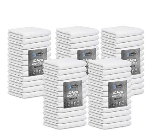 Zuperia 100% Cotton Luxury Bath Wash Cloths 60 Pack - Highly Absorbent Soft Washcloths For Face- Gym Towels, Hotel Spa Quality, Reusable And Multipurpose Towels 12 X 12 Inches (White) #TOP5