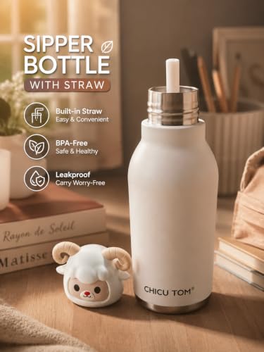 Image of 480ml Stainless Steel Sipper Water Bottle with Straw | Leakproof Animal Sipper Bottle | Reusable Drinking Bottle for School, Travel & Daily Use (Sheep)