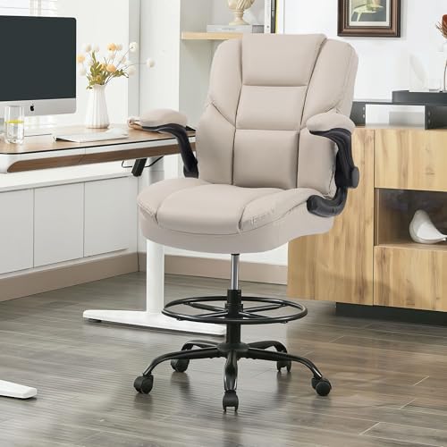 Image of Drafting Chair 500Lbs, Tall Office Chair for Standing Desk, High PU Leather Executive Office Chair with Flip-up Armrests, Ergonomic High Chair with Adjustable Foot Ring, Comfy Stool Chairs, Beige