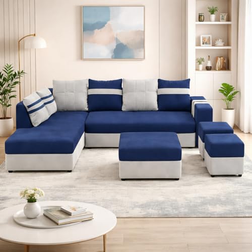Image of Stova Luxe Velvet-Suede Fabric 8 Seater LHS L Shape Sofa Set | with 2 Ottomans & Centre Table| Comfortable & Spacious Seating | Modern Sofa Set for Living Room - Light Grey & Dark Blue
