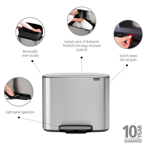 Image of Brabantia Bo Step-On Pedal Trash Can - 9.5 Gal Inner Bucket (Matt Steel FPP) Waste /Recycling Garbage Can, Removable Compartment + Free Bags