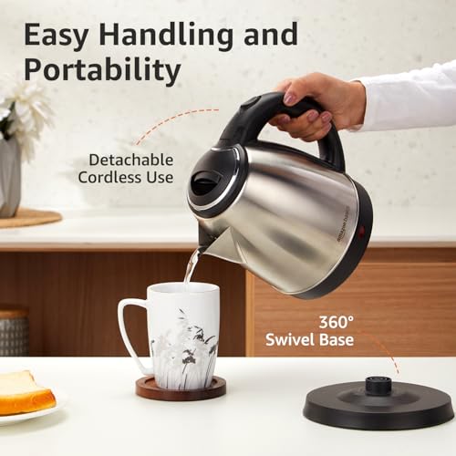 Image of Amazon Basics 1.5 Litre Electric Kettle | 1500W | 360 Swivel Base | Led Indicator | Dry Boil Protection | Auto Shut-off & Overheat Protection | Multipurpose Travel Kettle