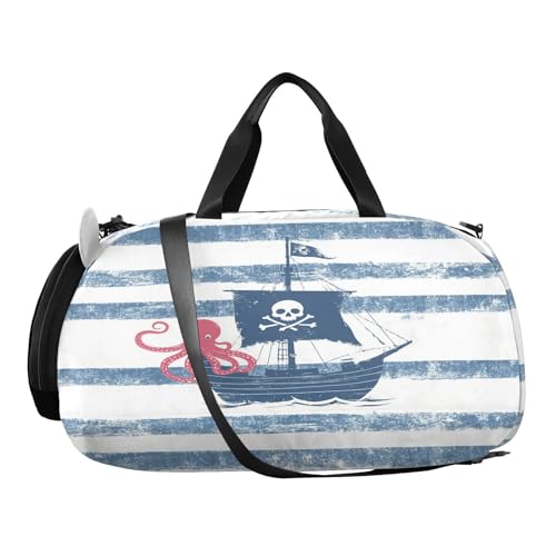 Pirate Frigate Octopus Kids Travel Duffel Bag for Boys Girls Overnight Weekend Tote Bag with Shoes Compartment for Dance Gym Sports2