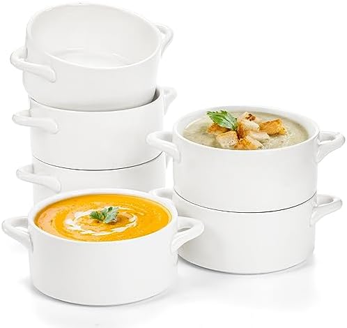 SOUJOY 6 Pack French Onion Soup Bowls, 650 ml/22 Oz Porcelain Serving Soup Bowls with Handles, Oven Safe Crocks for Soup, Cereal, Chill, Pot Pie, Beef Stew