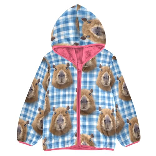 Aflyko Girls Warm Coat Cute Capybara Face Fun Blue Zip-Up Hoodie Fleece Outerwear Kids Pink Hooded Jacket Children's Fashion Cute Sweatshirt, 9-10T