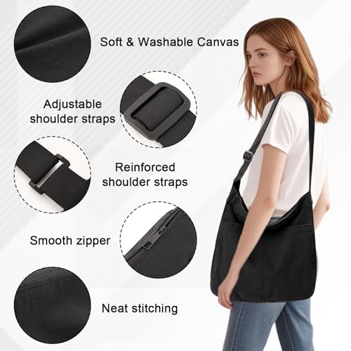 Hobo Crossbody Bags for Women, Black Canvas Crossbody Bag, Soft And Washable, Zipper Closure, Large Capacity Design for Work, Travel, Shopping And Beach Vacation, with 1 Black Card Holder3
