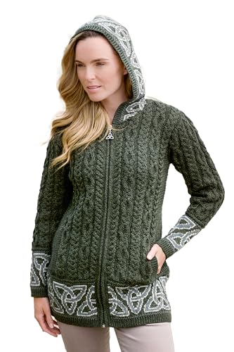 Aran Crafts Irish Women's Celtic Jacquard Hooded Coat (100% Merino Wool)