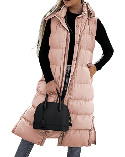 Women's long Quilted Vest hooded Sleeveless Button Down puff vest cotton padded jacket winter coat — view 2