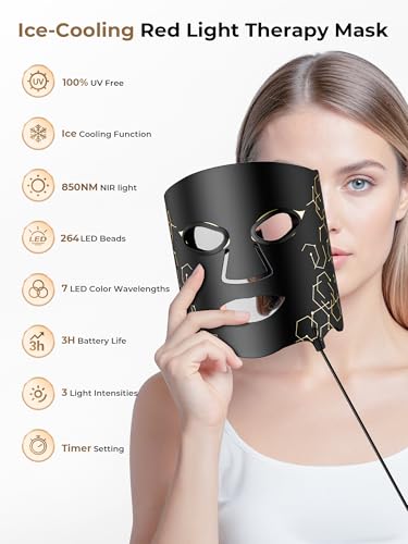 Image of LED Light Therapy mask (E106A) for Face, LED Light Therapy Mask with Adjustable Brightness and Timer, Soft Silicone Red Light Therapy Mask for Home & Travel, Black Gold