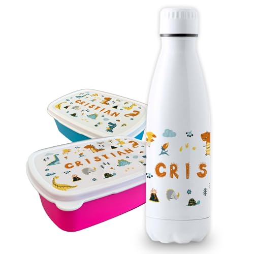 Pack vuelta al cole diseño dinosaurios botella personalizada + fiambrera personalizada con texto para el colegio o guardería. Libre BPA y reutilizable | Bebidas frías y calientes hasta 12h