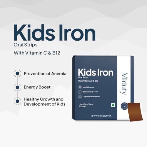 Miduty Kids Iron Strips - Iron, Vitamin C & Vitamin B12 - Supports Growth, Immunity & Hemoglobin Production - Sugar-Free - Natural Mixed Berry Flavor - 30 Strips