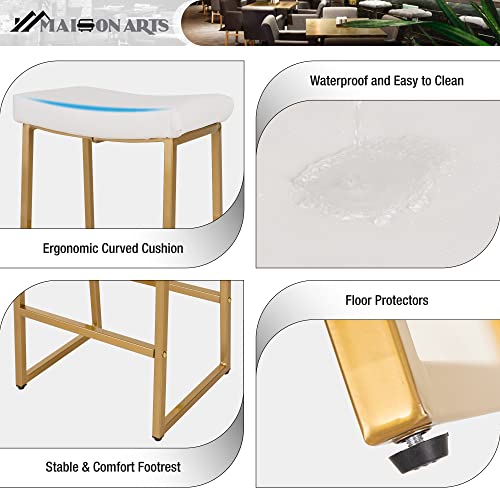 Maison Arts White & Gold Bar Stools Set Of 4 Counter Height 24 Inches Saddle Stools For Kitchen Counter Backless Modern Gold Barstools Upholstered Faux Leather Stools Farmhouse Island Chairs #TOP5
