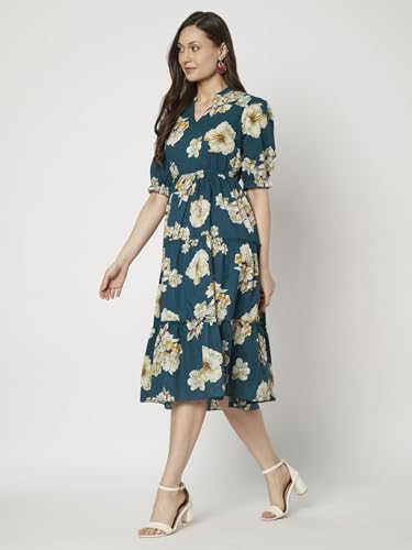 Image of PIDAVLIYA'S Women's Floral Summer Maxi Dress I Cotton Printed I One Piece Bodycon Midi Dress with V-Neck, Puffed Sleeves