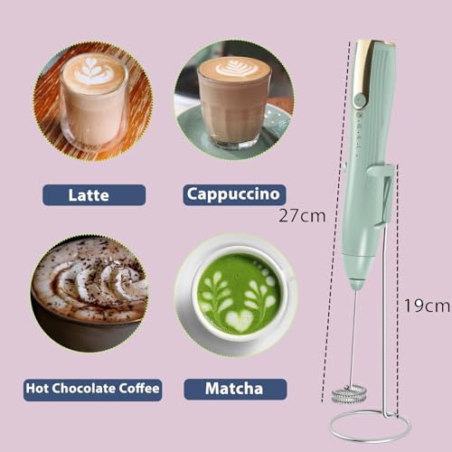 Image of Rechargeable Handheld Milk Frother Wand with Stand | Foam Maker, 2 Detachable Whisk Drink Mixer, Frother Wand with 3 Speed for Coffee, Matcha, Latte,Egg, (Green)