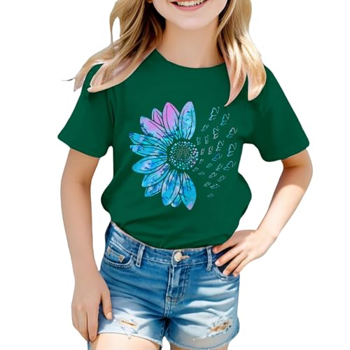 Girls Short Sleeve T Shirts Kids Summer Oversized Tops Trendy Floral Print Graphic Crewneck Basic (Green-2, 6-7 Years)