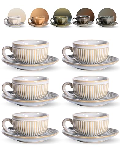 Erkundpresso. Tazas de Café Espresso con Platos - 6 x 100 ml con Asa - Estrias Antideslizantes - Cerámica Paredes Gruesas - Juego de Té - Aptas para Lavavajillas - Caja de Regalo - Blanco