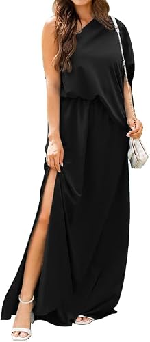 Amkoyam Women's Summer One Shoulder Maxi Dresses 2023 Casual Batwing Sleeve High Waist Split Party Cocktail Long Dress(Black,Large)