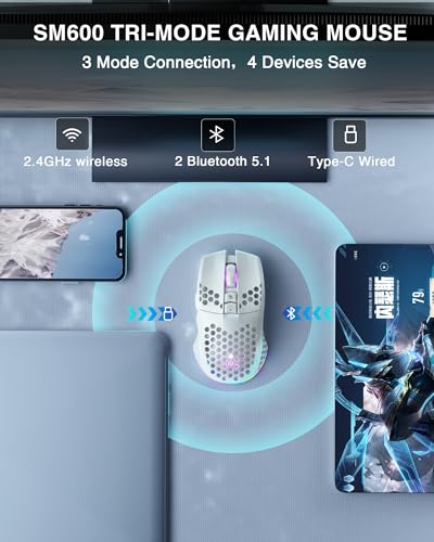 Image of SOLAKAKA SM600 Wireless Gaming Mouse,Tri-Modes BT & 2.4Ghz Rechargeable Mouse Wireless,8000DPI,Honeycomb Shell, Side Buttons, RGB Mouse for PC /Tablet /Desktop /Office /Games (White)