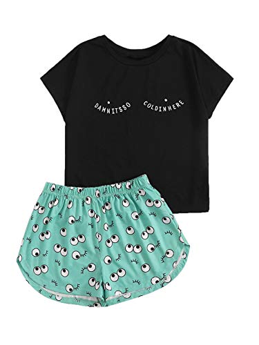 DIDK Women's Cartoon Eyes Print Top and Shorts Pajama Set Black XXL