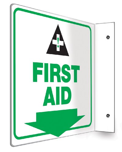 Accuform PSP976 Projection Sign 90D, "First AID (Arrow)" with Graphic, 8" x 8" Panel, 0.10" Thick High-Impact Lumi-Glow Plastic, Pre-Drilled Mounting Holes, Green/Black on Glow