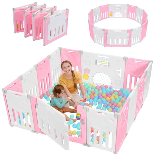 Image of Baby Playpen, 14-Panel Foldable Play Pen for Babies 6-12 Months, Pink White | Foldable, Variable Shape, Anti-Pinch Design, with Game Panel and Safety Gate