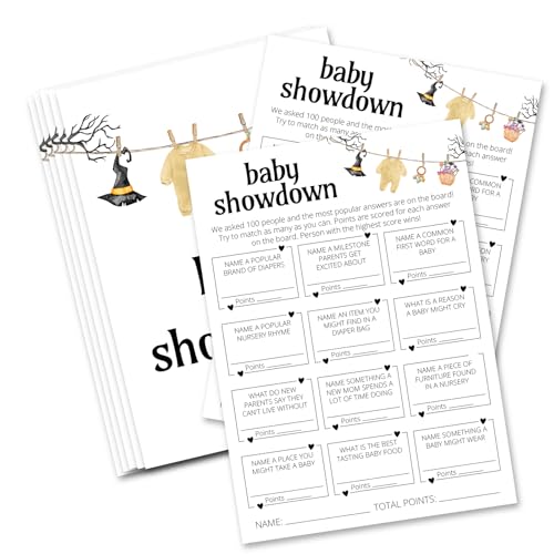 seclate Hilarious Baby Shower Games, 25 Sets Halloween Baby Showdown Game Cards, Little Boo Gender Reveal Announcement Party Decorations Supplies - B10