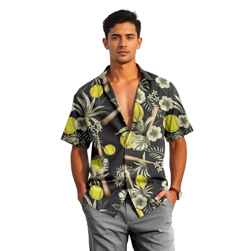 HANDICHI Design Softball Paradise Hawaiian Shirt for Men – Tropical Aloha Button Down Baseball Shirt, Funny Summer Vacation Party Outfit