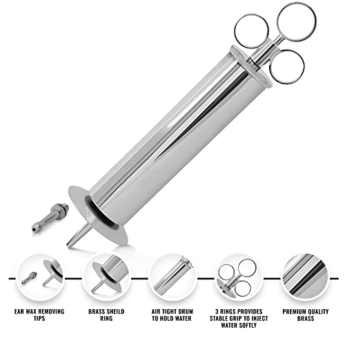 DEXSUR Ear Wax Removal Syringe – Durable Brass with Chrome Plating, Tri-Stream Tip, Easy & Safe Ear Wax Irrigation, Latex-Free, 8 Oz - Thumbnail 2