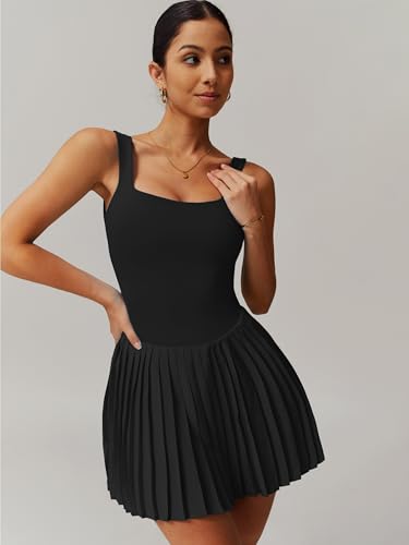 ABOCIW Womens Square Neck Tennis Dress Built in Shorts Pleated Backless Golf Athletic Dress with Pockets3