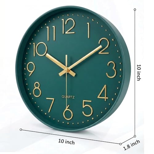 Image of STAR WORK Premium Wall Clock 10 inch Inch Silent Non-Ticking Quartz Movement | Easy to Read 3D Numbers | Modern Analog Clock for Home Decor, Living Room, Bedroom, Office (Green Gold, 10-Inch (25Cm)