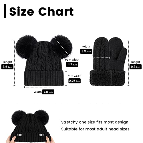 Womens Winter Hats And Gloves Set Mittens And Hat For Women Stretch Black Beanie Women And Cable Knit Mittens, Black - Black Balls #TOP2