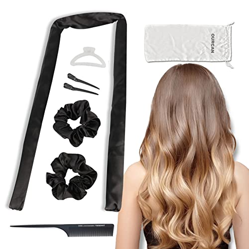 OURCAN Heatless Curling Rod Headband, No Heat Silk Curlers for Women Long Hair Sleep in Overnight Curlers Hair Rollers DIY Hair Styling Hair Curlers with Clips Tools (Black)