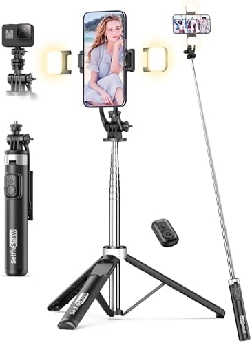 Selfie Stick with 2 Fill Light, 53'' Tripod for Cell Phone with Wireless Remote, 360° Rotating Portable Phone Tripod with Detachable Clip, Travel Phone Holder Compatible with iPhone/Samsung/GoPro