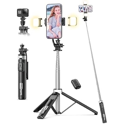 53'' Selfie Stick Tripod with Light, Extendable Selfie Stick with Remote, Portable Cell Phone Tripod Stand with All in 1 Phone Clip, Lightweight Camera Tripod Compatible with iPhone 17 16 15, Android