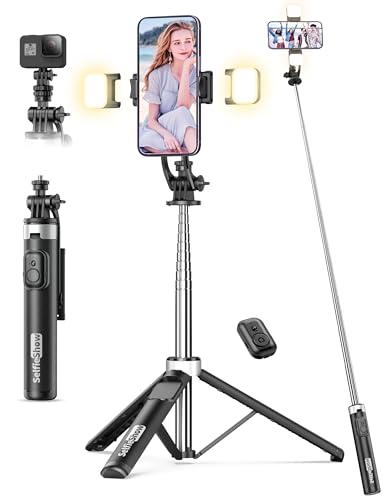 53'' Selfie Stick Tripod with Light, Extendable Selfie Stick with Remote, Portable Cell Phone Tripod Stand with All in 1 Phone Clip, Lightweight Camera Tripod Compatible with iPhone 17 16 15, Android