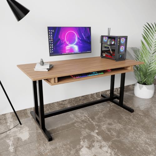 Image of Riyan Luxiwood Zinnia Computer Table with Keyboard Tray, Matt Finish Wood Top with Metal Legs, Study Table, Gaming Table, Multipurpose All-in-one Table (Beige)