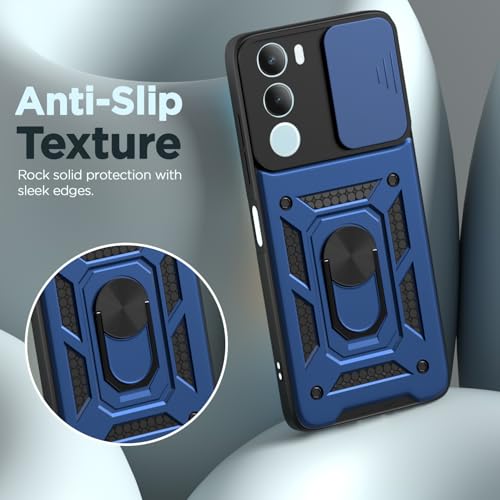 Image of Pikkme Back Cover for Vivo Y29 5G / Vivo Y19s 5G | 360 Protection Case | Sliding Camera Shield Cover & Ring Holder Stand D10 Tough Armor Bumper Case (Blue)