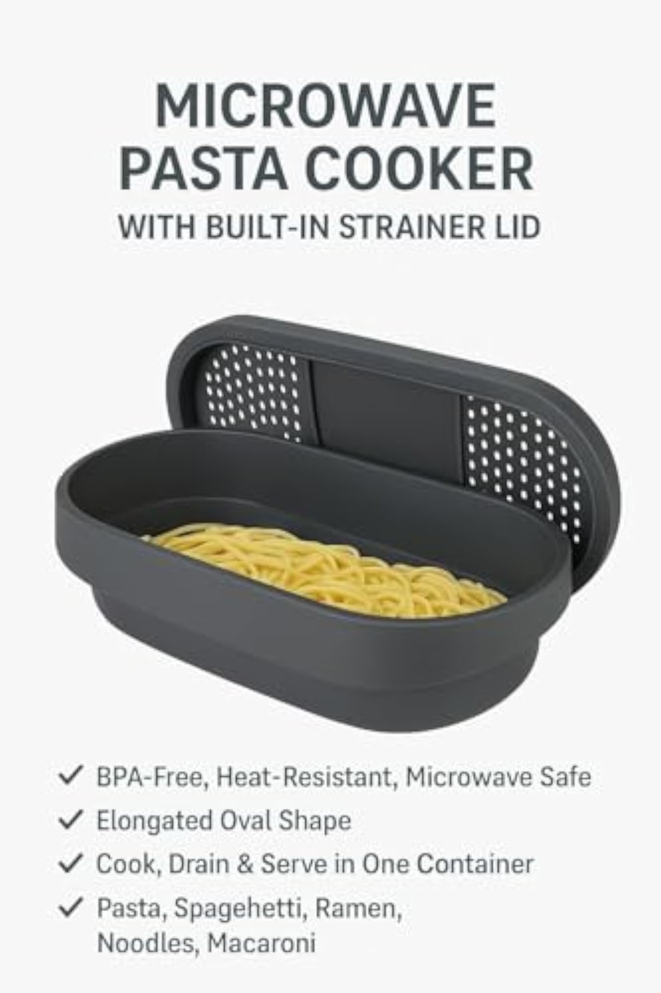 Microwave Safe Pasta Maker Bowl with Lid, Built-in Strainer