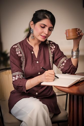 Image of Women's Viscose Rayon Embroidered A-Line Short Kurti Above Knee Regular Fit Tunic Top Office Wear Casual short kurti for women | office wear top | A-line kurti | raksha bandhan gift dress for women
