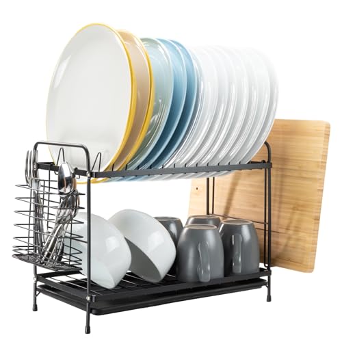 Coselena 2-Tier Black Dish Drainer Rack - Multifunctional Dish Rack with Utensil Holder & Draining Board - Kitchen Storage Rack - Space-Saving Drainers for Kitchen Sink - Countertop Organiser