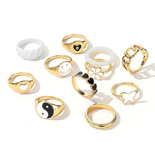 Kiss Wife Cute Rings Aesthetic Rings For Girls Women Y2K Preppy Jewelry Gold Stackable Joint Finger Rings For Teen Girls Smiley Face Butterfly Flower Rings Pack Gift For Her (11-Piece Set) #TOP3