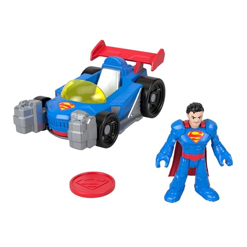Imaginext DC Super Friends - Metal Force Supermobile, veicolo attivabile con luci e suoni, personaggio Superman, lanciatore e 2 dischi inclusi, giocattolo per bambini, 3+ anni, JFJ69