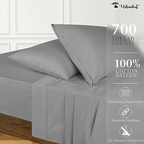 URBANHUT 700 Thread Count 100% Cotton Sheets Queen Size, 4Pc Sheet Set Luxury Bed Sheet for Queen Size Bed, Sateen Weave Hotel Sheets, Better Than Egyptian, 16'' Elasticized Deep Pocket - Dark Grey