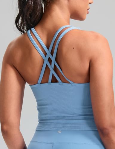 Image of HeyNuts Zeal Bras Longline Ribbed Medium Support Sports Bras, Crisscross Back Tank Tops with Removable Pads A-D Cups