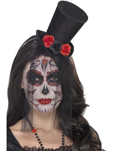 Smiffys Tag der Toten Mini-Zylinder, Schwarz, auf Stirnband, mit Rosenund abnehmbaren Spitzenschleier Halloween