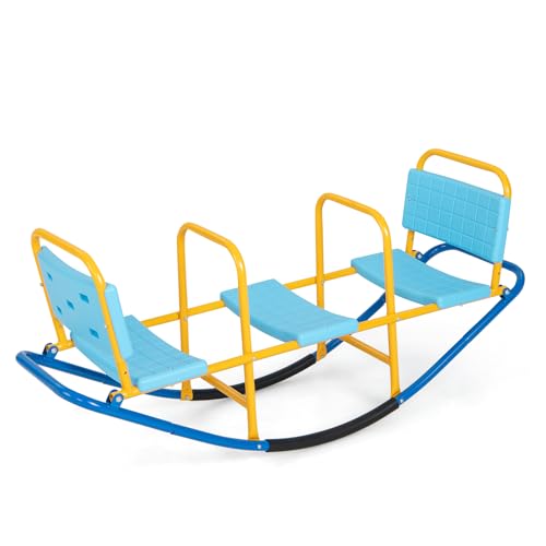 DREAMADE Balançoire à Bascule en Métal pour Enfant 3-8 Ans, Bascule avec 3 Siège, Trébuchet avec Poignées & Dossiers, pour Intérieur & Extérieur, Salon et Cours (Balançoire 3 Places)