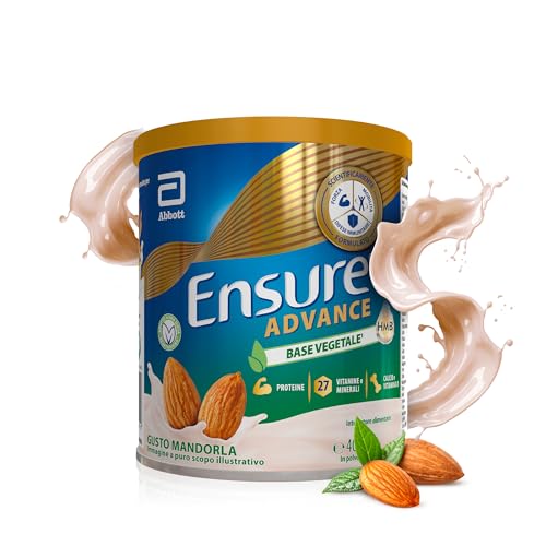 Ensure Advance Base Vegetale, Integratore con Proteine Vegetali, con 27 Vitamine e Minerali, Calcio e HMB, Confezione 400g, Gusto Mandorla, Senza Glutine, Adatto agli intolleranti al lattosio