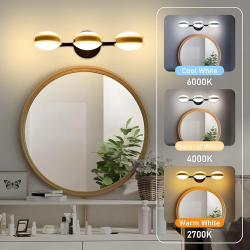 Image of redaica Vanity Lights Bathroom Lighting Fixtures Over Mirror, 3 Color Temperatures Modern Mirror Lights, 3 Rotatable Light Head Vanity Light Wall Sconce Matte Black