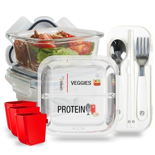 BariBowl Portion Control Containers for Bariatric Meals 8 oz Glass Meal Prep Containers with Two 4 oz Compartments and Lids (3 Pack) Reusable Bento Lunch Boxes